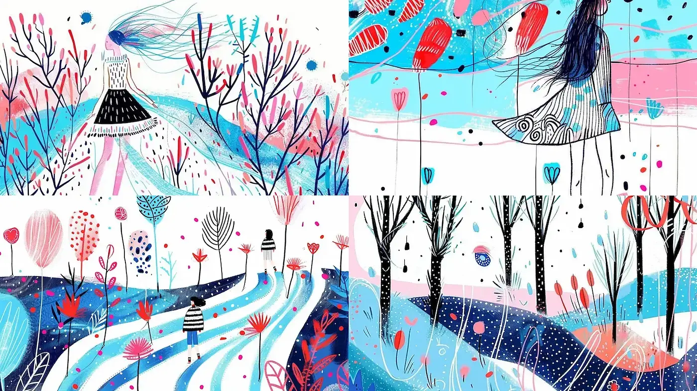 Whimsical and Ethereal Journey through a Colorful Landscape - Midjourney sref style