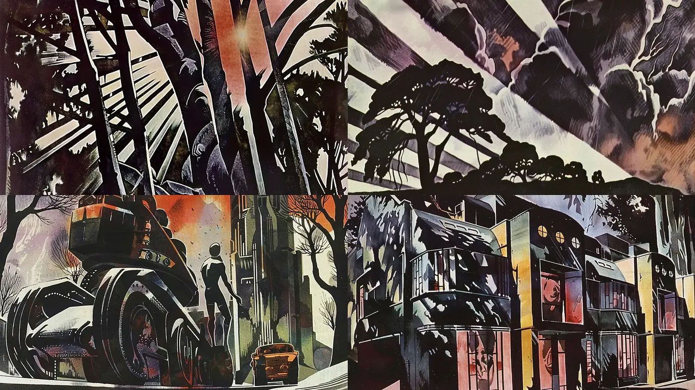 Noir-Inspired Fusion of Comic Artistry and Expressionistic Ambiance - Midjourney sref style