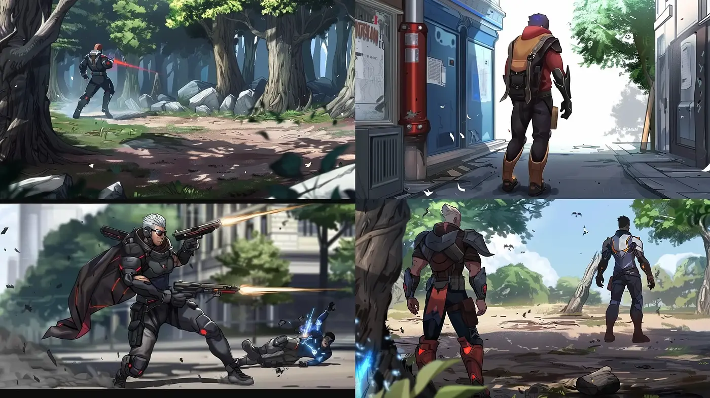 Dynamic Futuristic Combat Scene Illustrations - Midjourney sref style