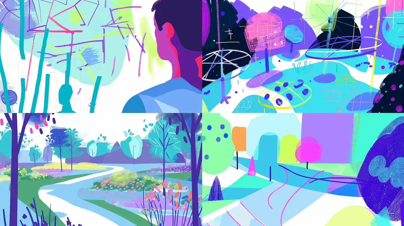 Vibrant, abstract landscapes with a playful touch and a surreal ambiance - Midjourney sref style