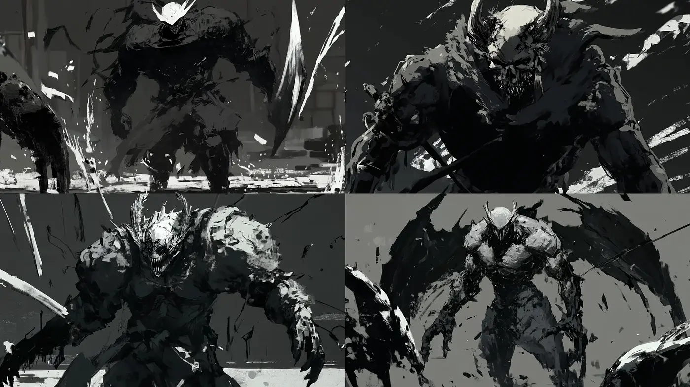 Monochromatic Fury: Stylized Brushwork Meets Dynamic Form - Midjourney sref style