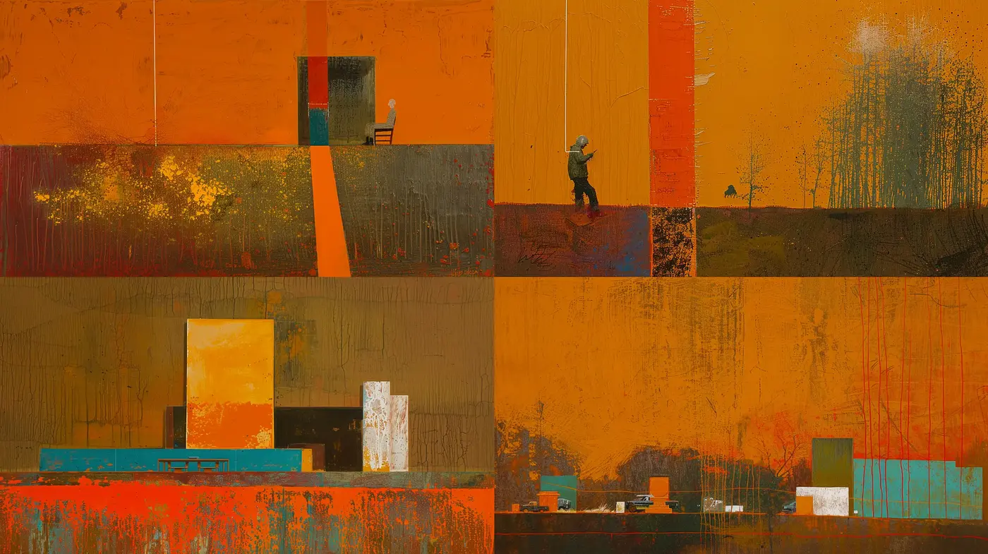 Warm Tonal Abstracted Reality in Mixed Textures - Midjourney sref style