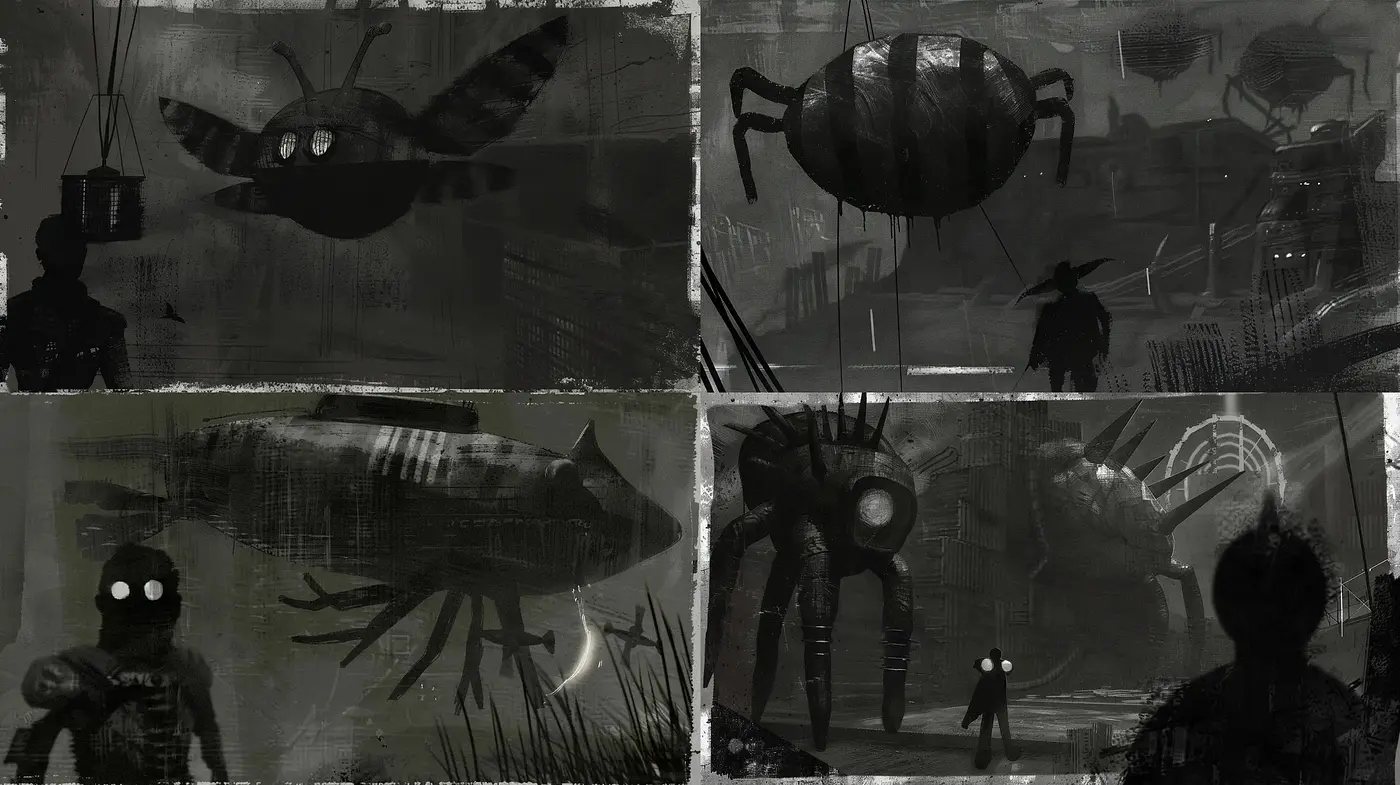 Monochrome Dreamscape of Science Fiction and Shadow - Midjourney sref style