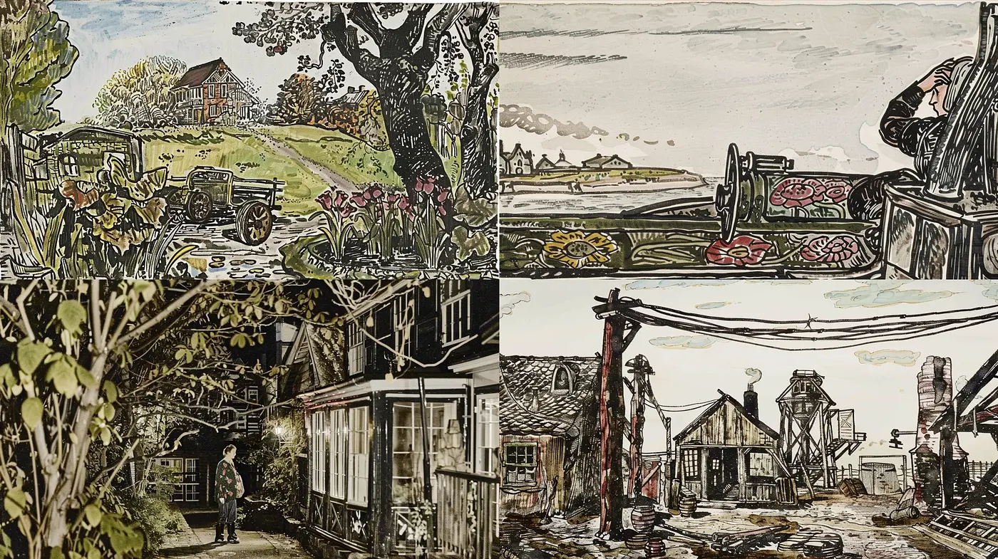 Rustic Ink Wash and Etching: Harmonizing Pastoral and Industrial Vistas - Midjourney sref style