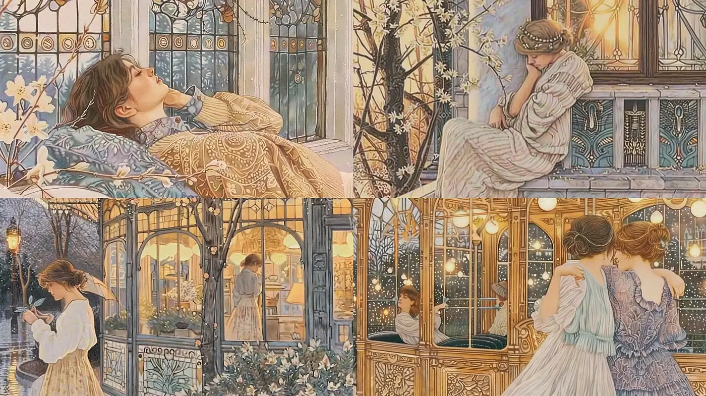 Ethereal Art Nouveau Reverie in Pastel Hues - Midjourney sref style