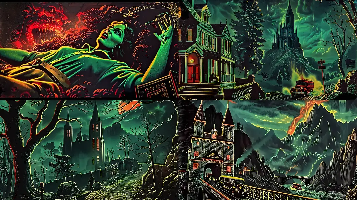 Eerie Glow of a Gothic Fantasy: Lurid Contrasts and Macabre Storytelling - Midjourney sref style