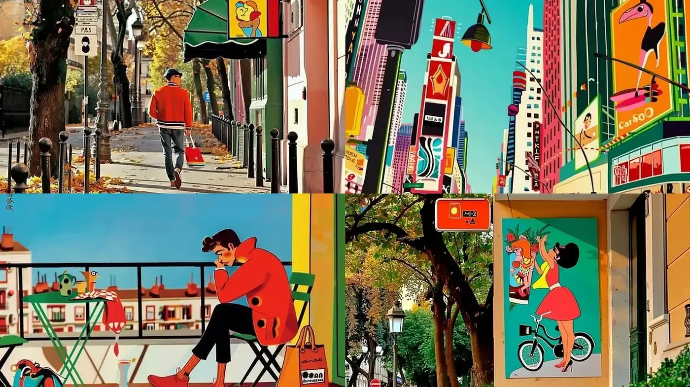 Vibrant Urban Scenes with a Playful and Whimsical Touch - Midjourney sref style