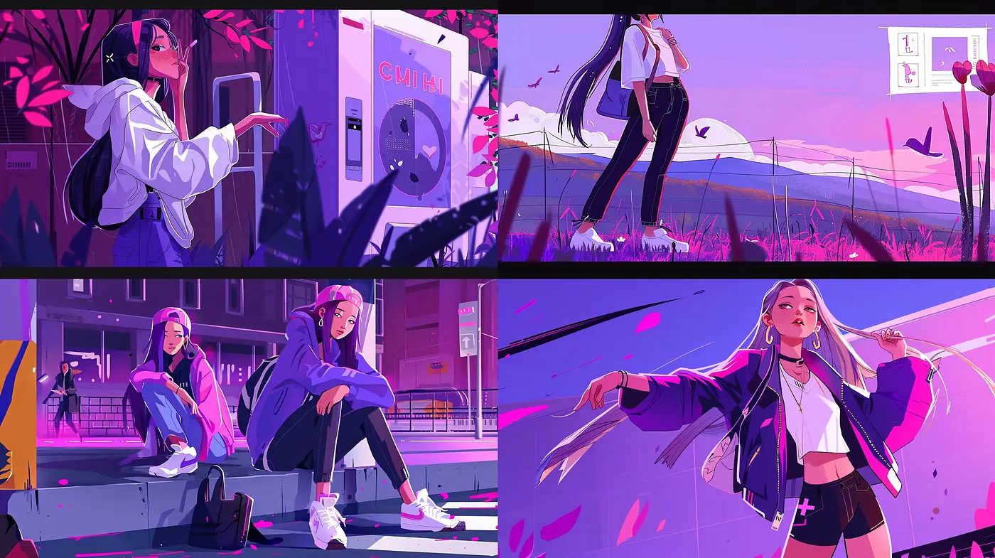 Consistent Vivid Purples in Dynamic Anime-Inspired Urban Scenes - Midjourney sref style