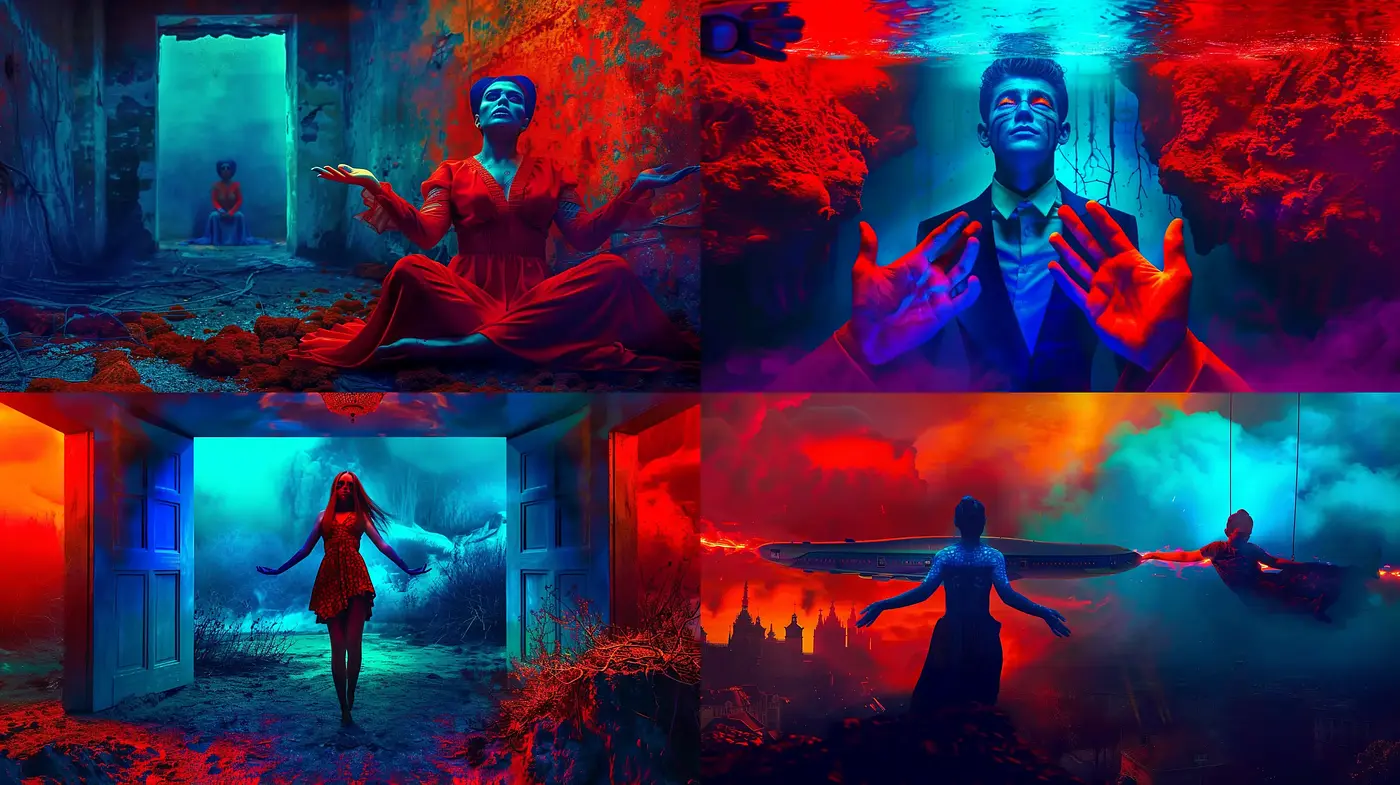 Ethereal Blues and Fiery Reds: A Striking Balance of Warm and Cool Tones - Midjourney sref style