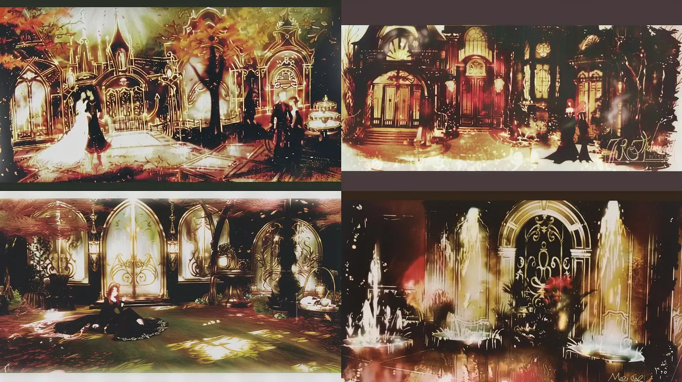 Gothic Reverie: Opulent Halls and Ethereal Twilight Ambiance - Midjourney sref style