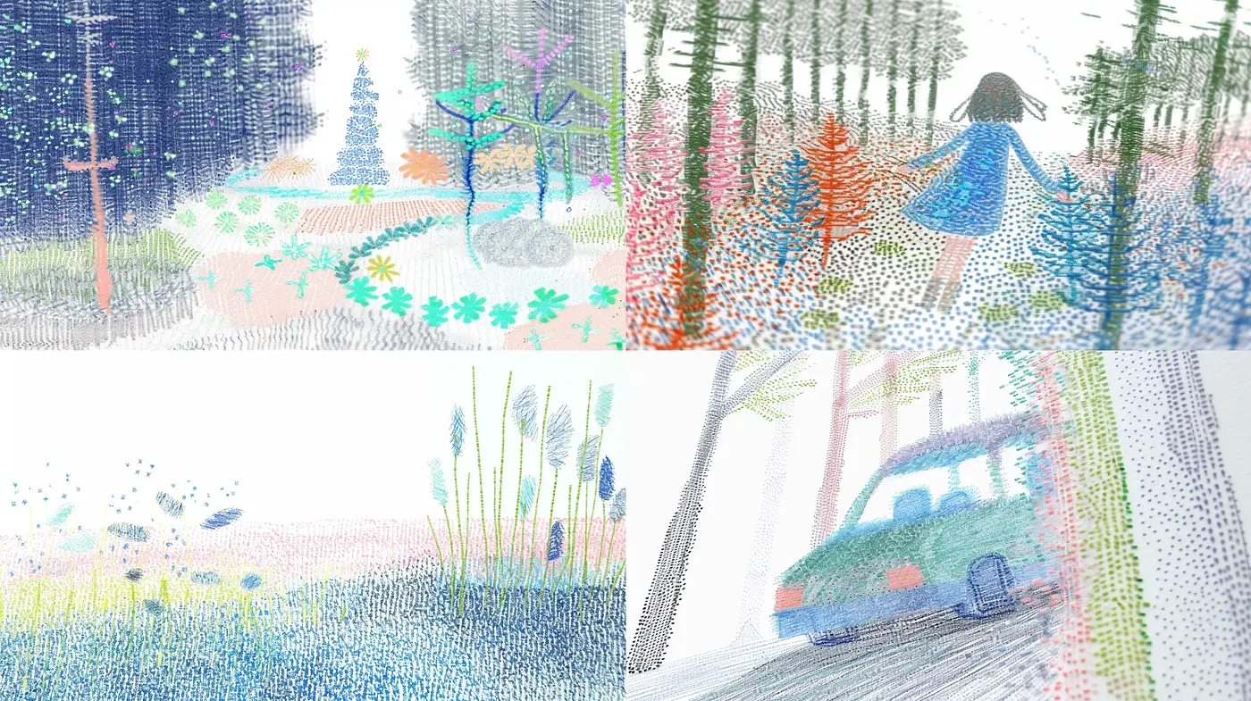 Whimsical Pointillism with a Pastel Dreamscape Aura - Midjourney sref style