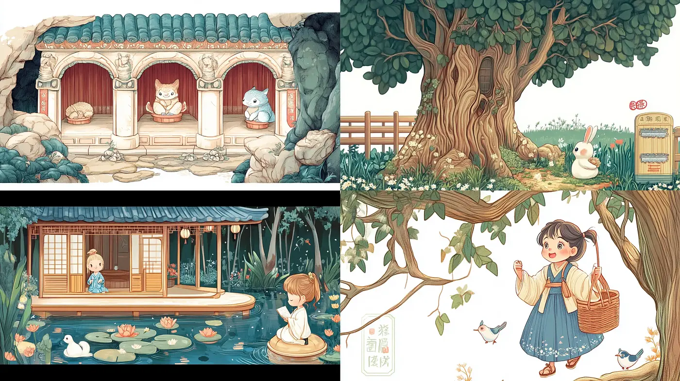 Soothing Pastoral Scenes with a Contemporary East Asian Illustrative Essence - Midjourney sref style