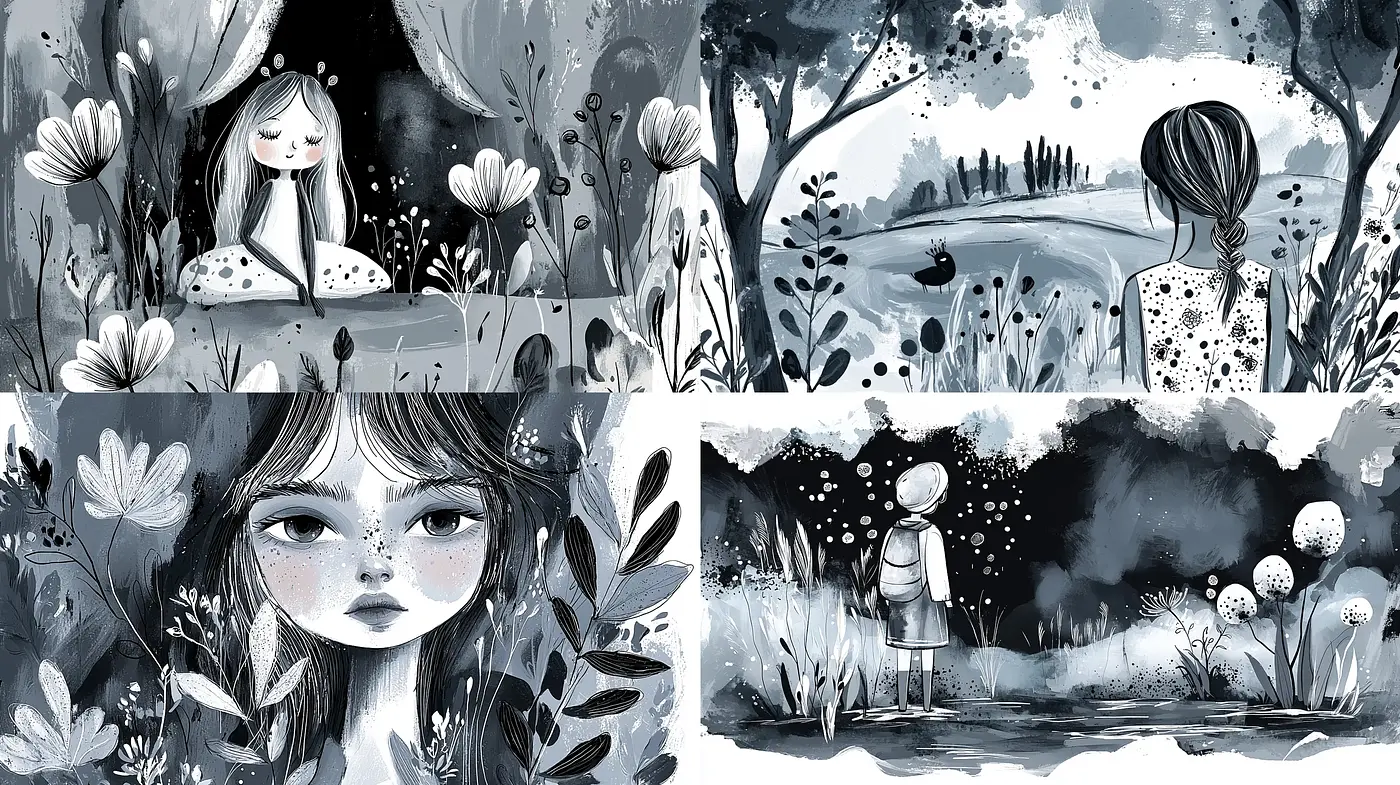 Monochromatic Whimsy: A Dreamy Fusion of Modern and Illustrated Fairy Tale Aesthetics - Midjourney sref style