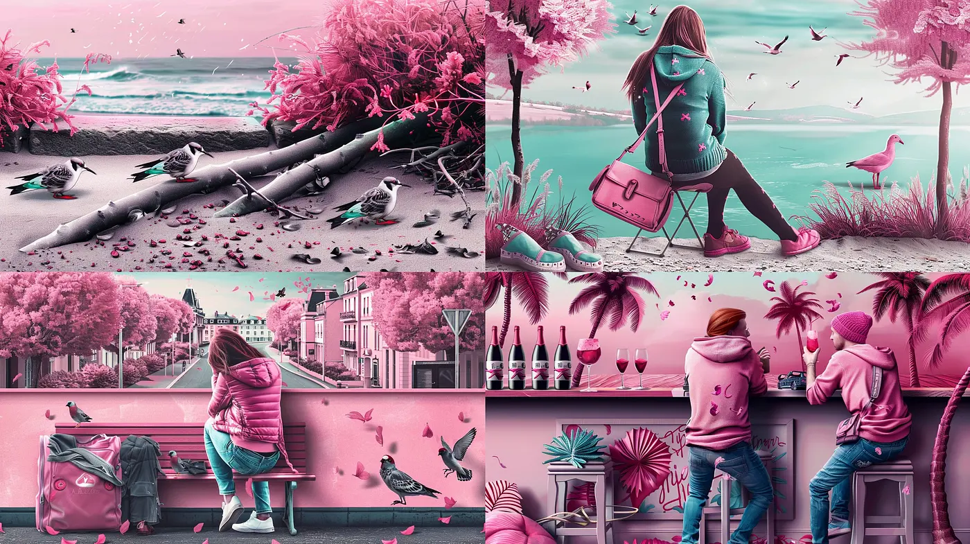 Monochromatic Magenta Dreamscape: A Surrealist Blend of Urban and Nature - Midjourney sref style