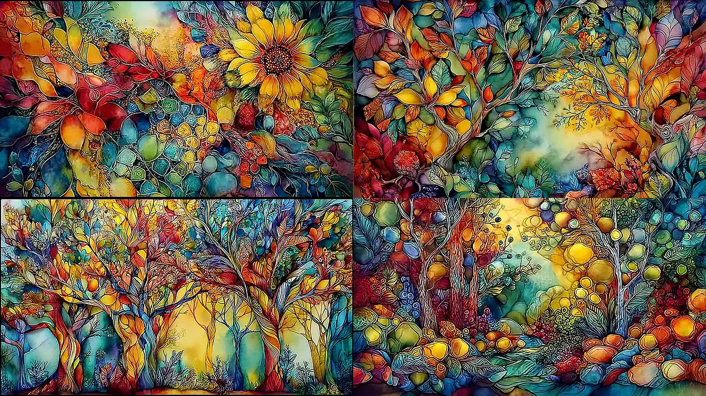 Vibrant and Luminous Nature Scenes with Intricate Textures - Midjourney sref style