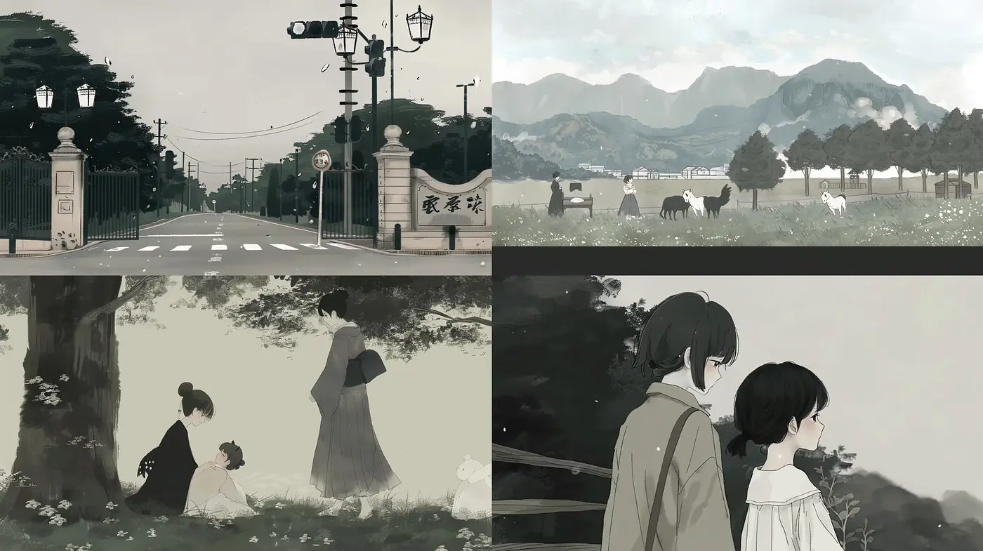 Monochromatic Glimpses into a Timeless Animated World - Midjourney sref style