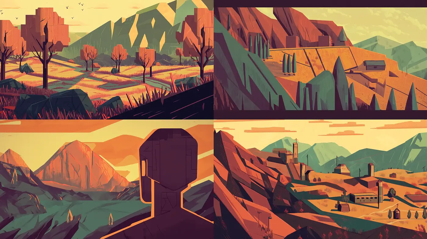 Geometric Landscape Harmony: A Study in Sepia Tones and Angular Forms - Midjourney sref style