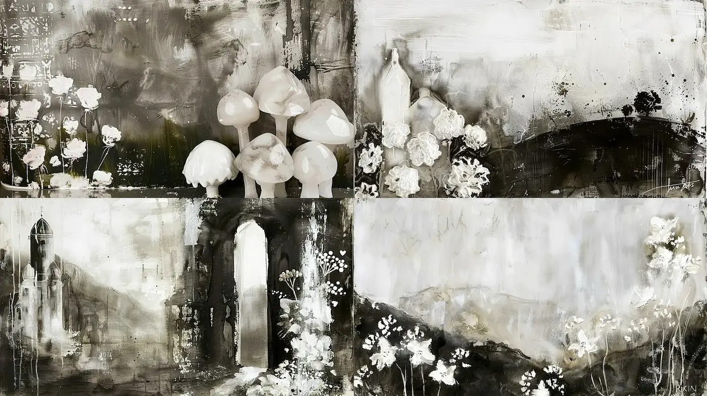 Exploration of Monochromatic Dreams with Soft Floral Accents - Midjourney sref style