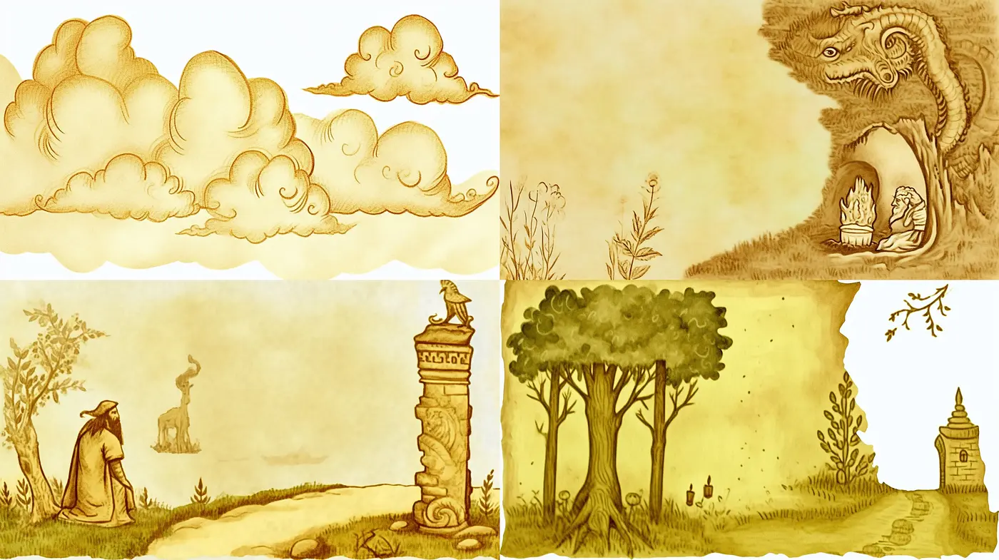 Antique Sepia-Toned Storybook Illustration Style - Midjourney sref style