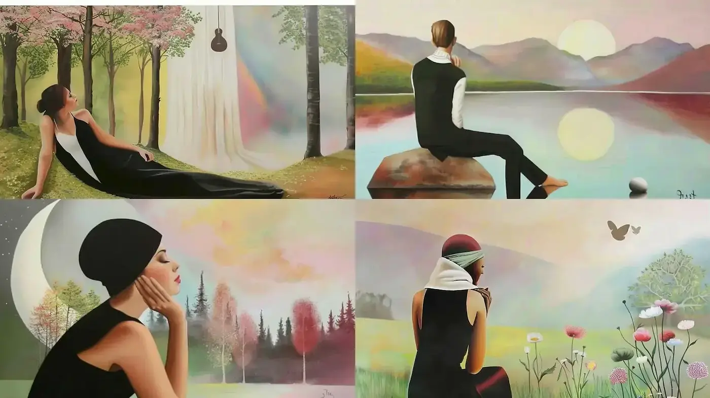Ethereal and serene compositions reflecting introspective themes - Midjourney sref style