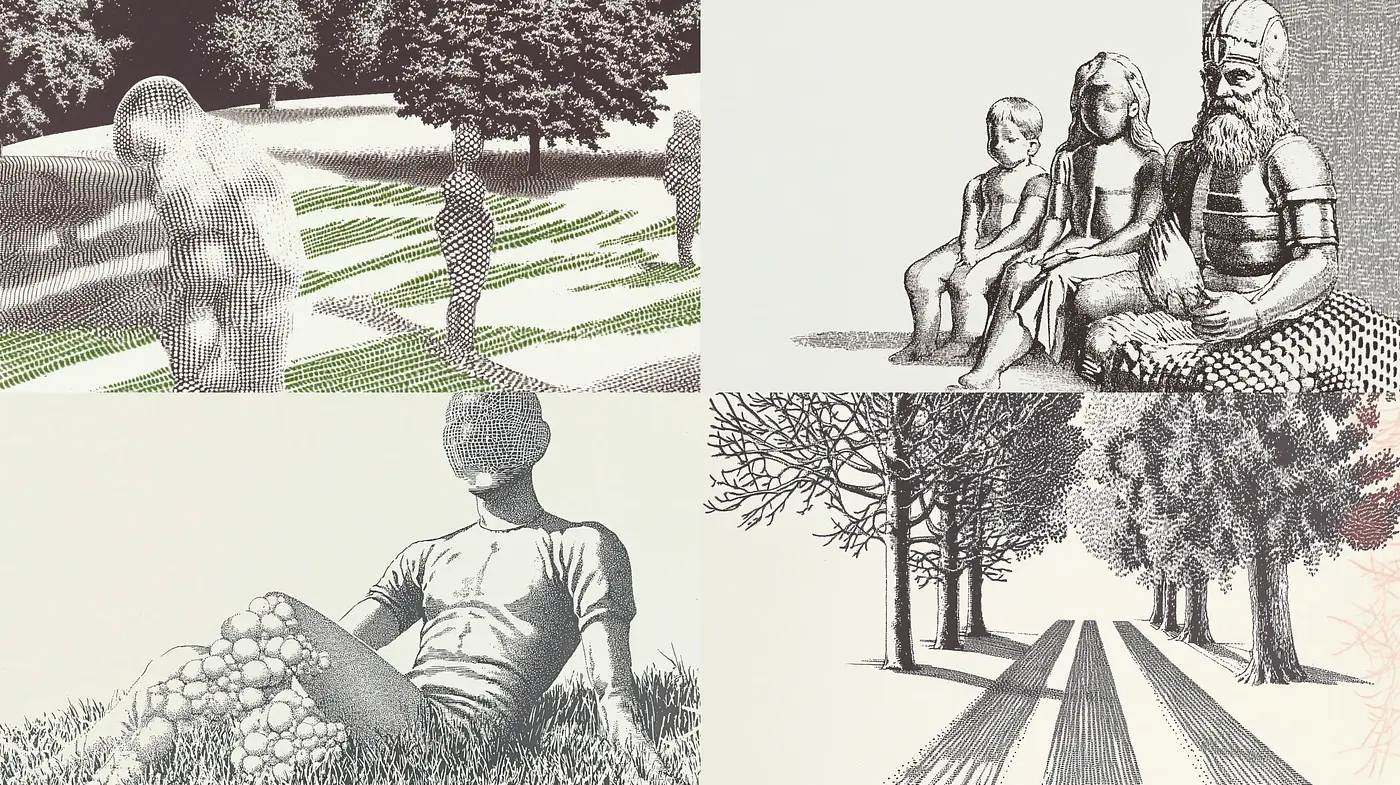 Cross-Hatched Timelessness with Surreal Narratives - Midjourney sref style