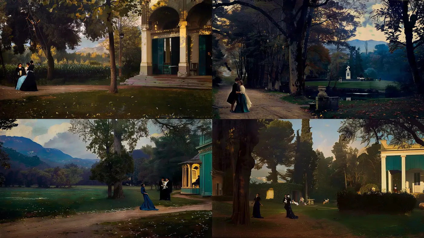 Pictorial Elegance in a Romanticized Classical Landscape - Midjourney sref style