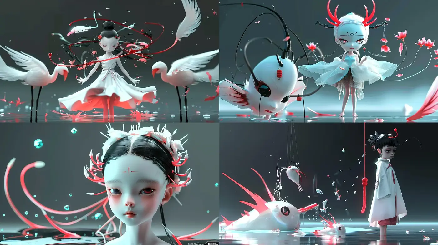 Ethereal Monochrome Dreamscape with Surreal Crimson Accents - Midjourney sref style