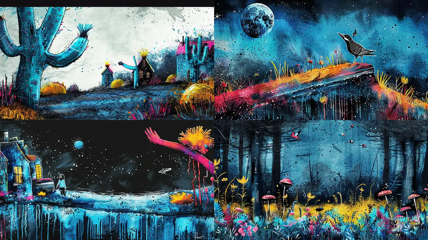 Surreal Nocturnal Dreamscape with Vibrant Textural Contrast - Midjourney sref style