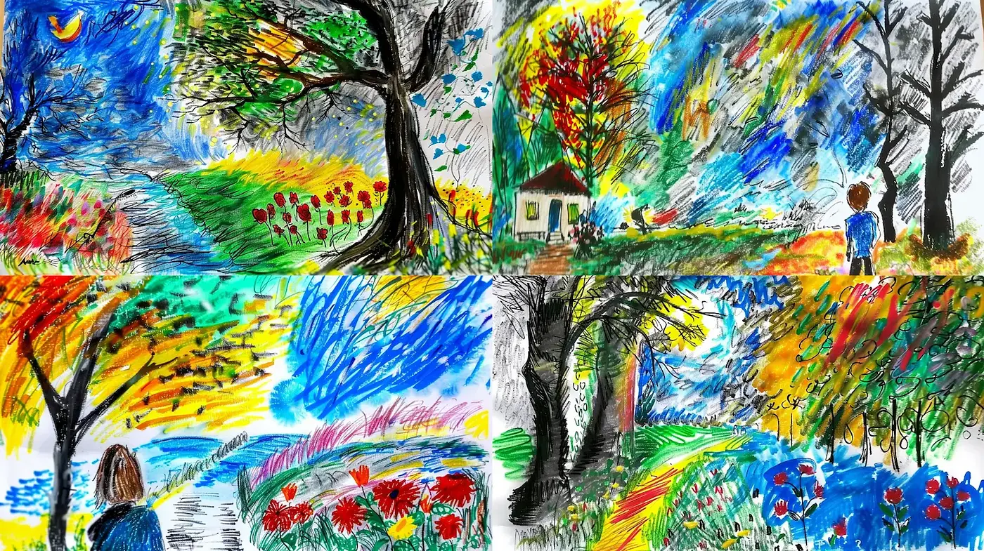 Vibrant and Expressive Landscape Art with Floral Elements and Atmospheric Variability - Midjourney sref style