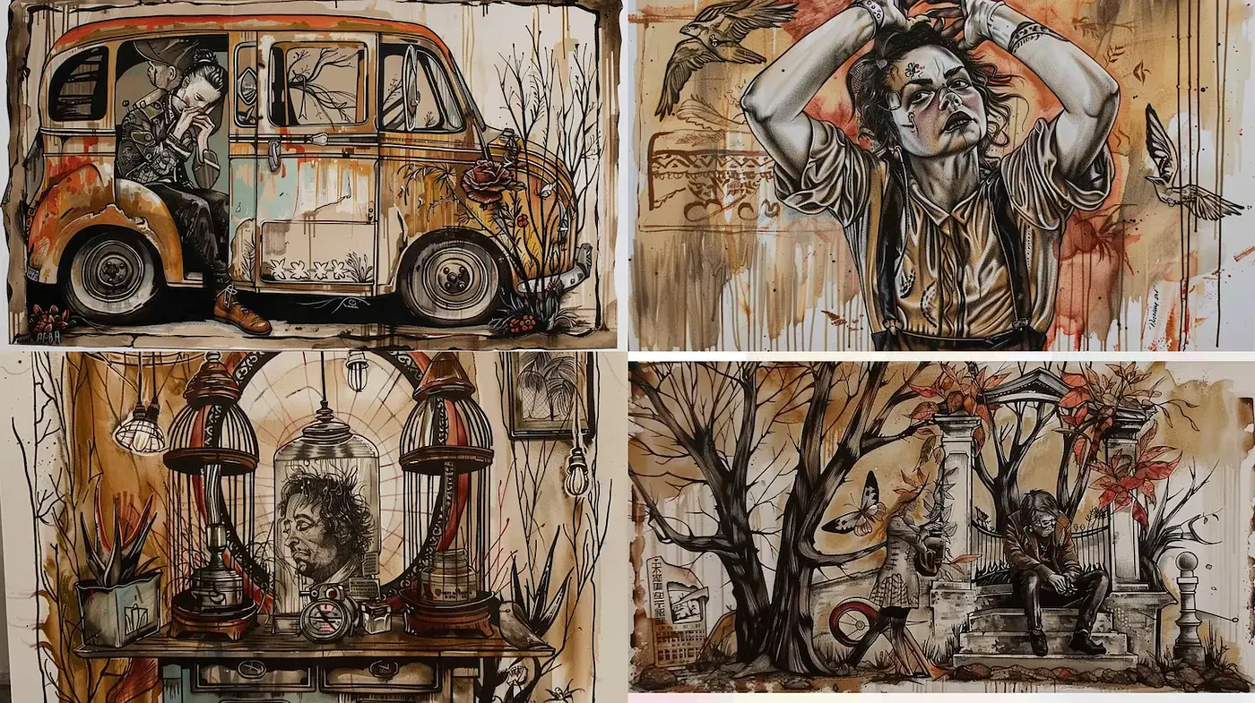Artistic Blend of Nature and Human Emotion with a Vintage Aesthetic - Midjourney sref style