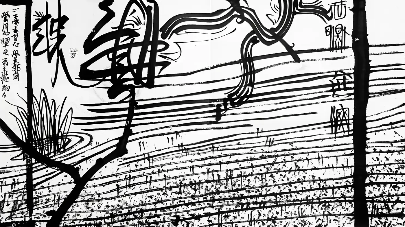 Monochromatic Ink Wash Fusion with Abstract Expression - Midjourney sref style