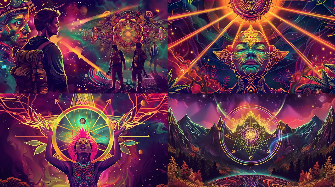 Psychedelic Visions in Rich Hues: A Journey Through Cosmic and Mystical Art - Midjourney sref style