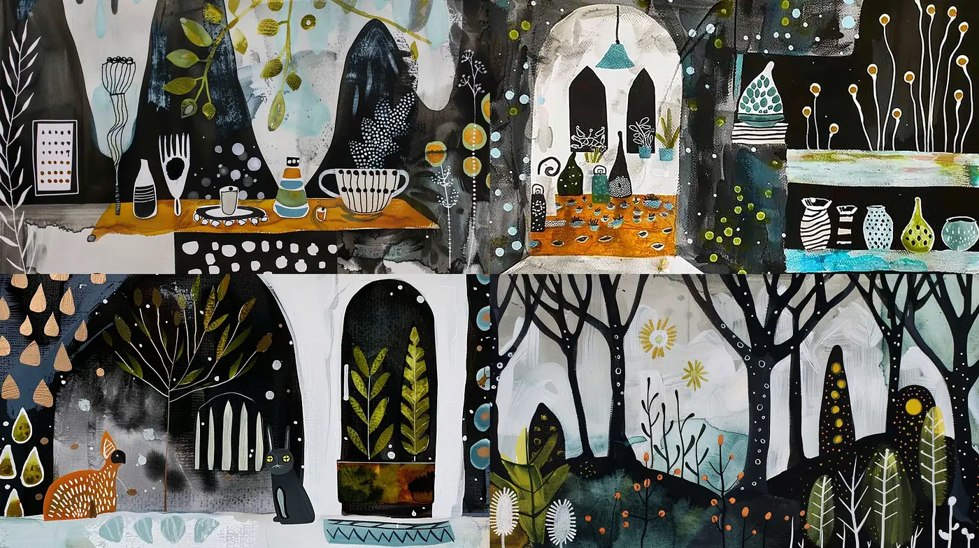 Midnight Arboretum: A Whimsical Meld of Folksy Patterns and Nature - Midjourney sref style