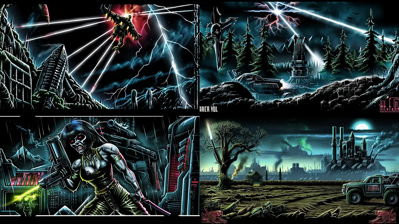 Neon-Noir Science Fiction Panorama in Vivid Contrast - Midjourney sref style