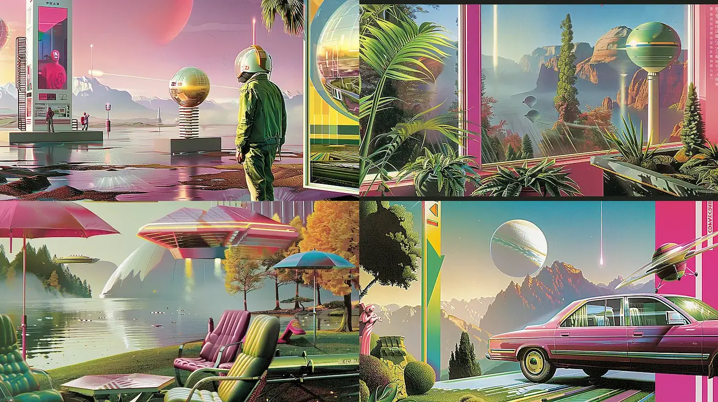 Futuristic retro-futurism with vibrant color gradients and lush textures - Midjourney sref style