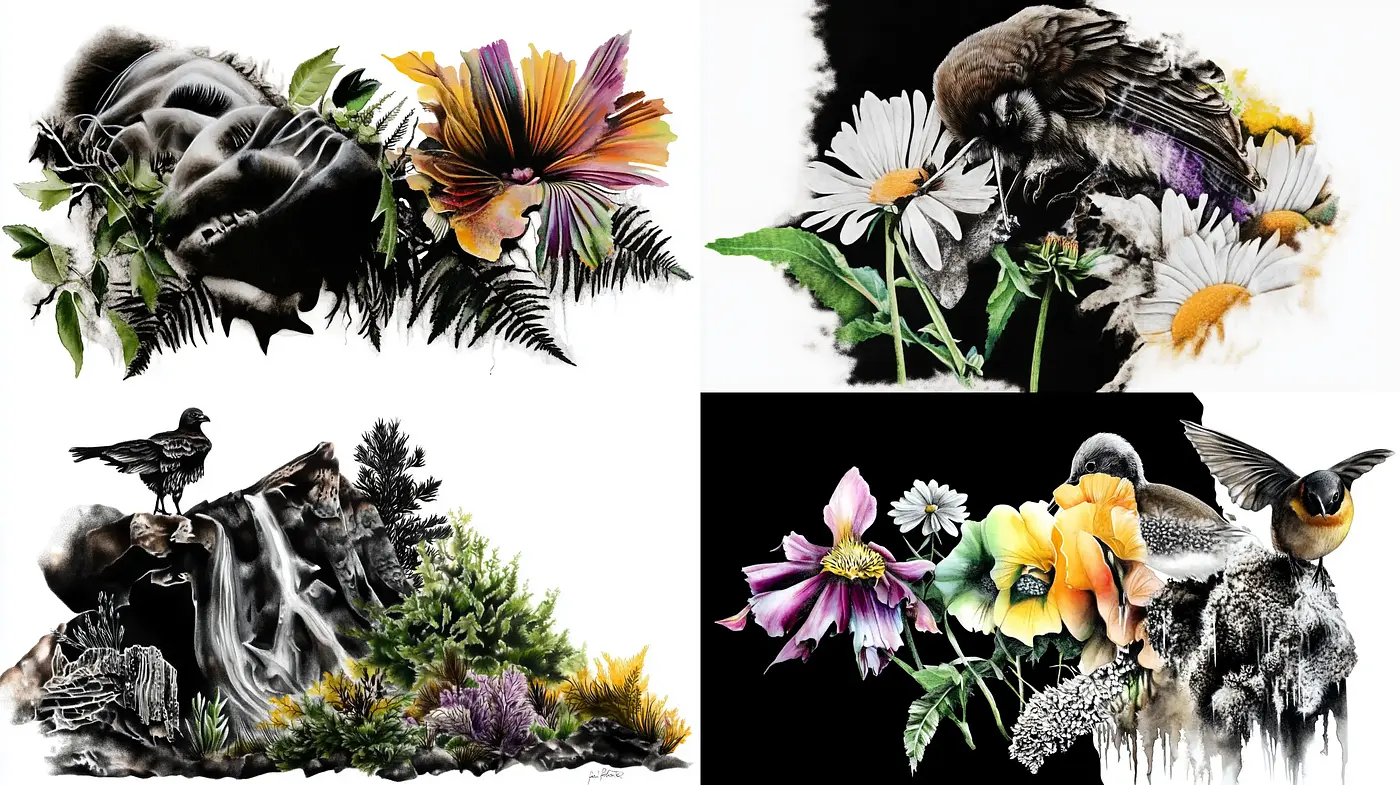 Contrasting Flora and Fauna in Stippled Shading and Watercolor Blends - Midjourney sref style