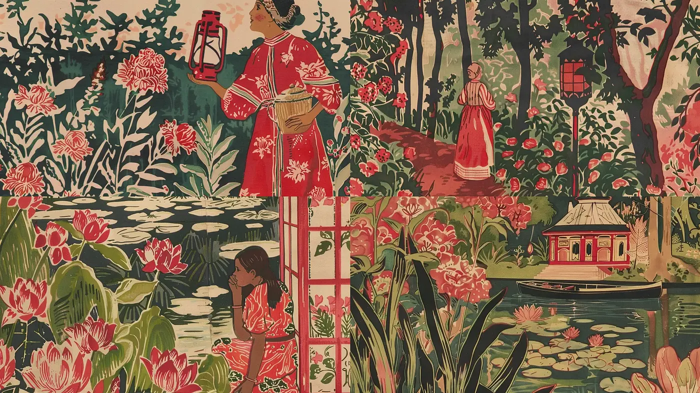Serene Lotus Pond in Stylized Botanical Illustration - Midjourney sref style