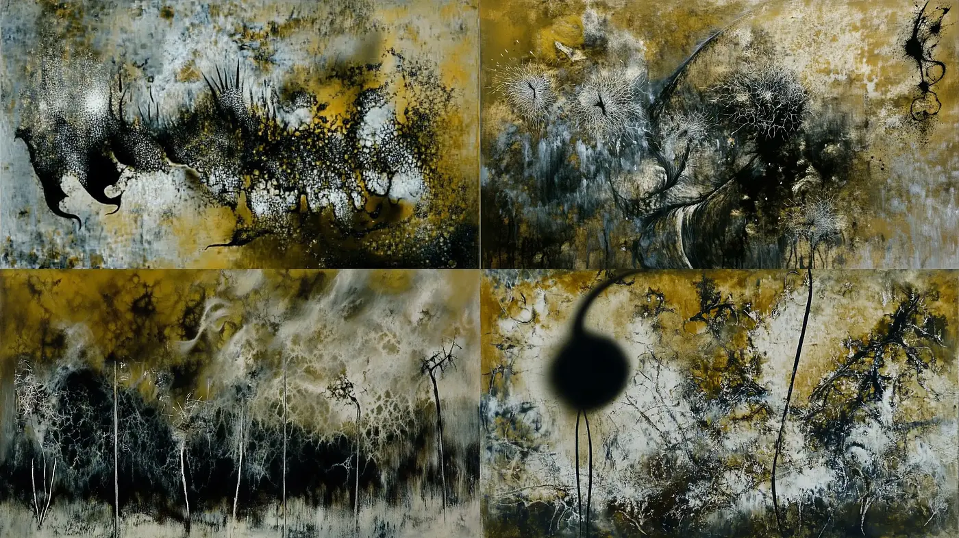 Abstract Dystopian Decay: A Harmony of Chaos and Rustic Hues - Midjourney sref style