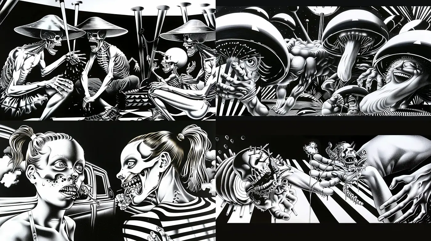 Monochromatic Surreal Visions with Hyperrealistic Details - Midjourney sref style