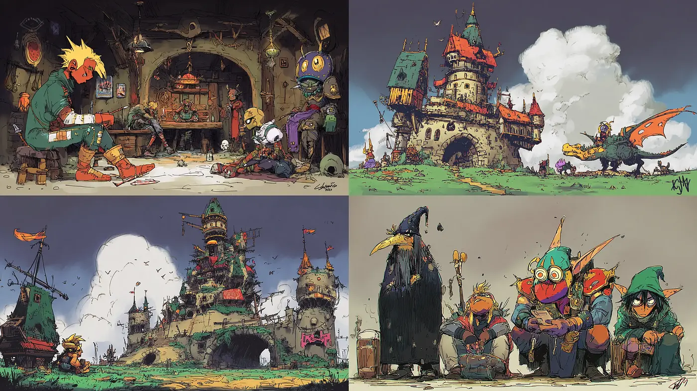 Whimsical Fantasy with Vibrant Character and Scenic Elements - Midjourney sref style