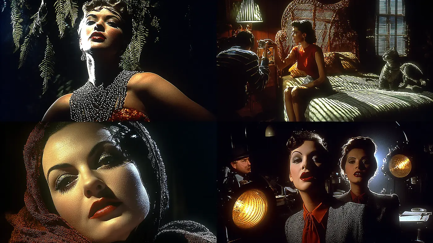 Dramatic Noir Aesthetic with Vintage Glamour and Evocative Lighting - Midjourney sref style