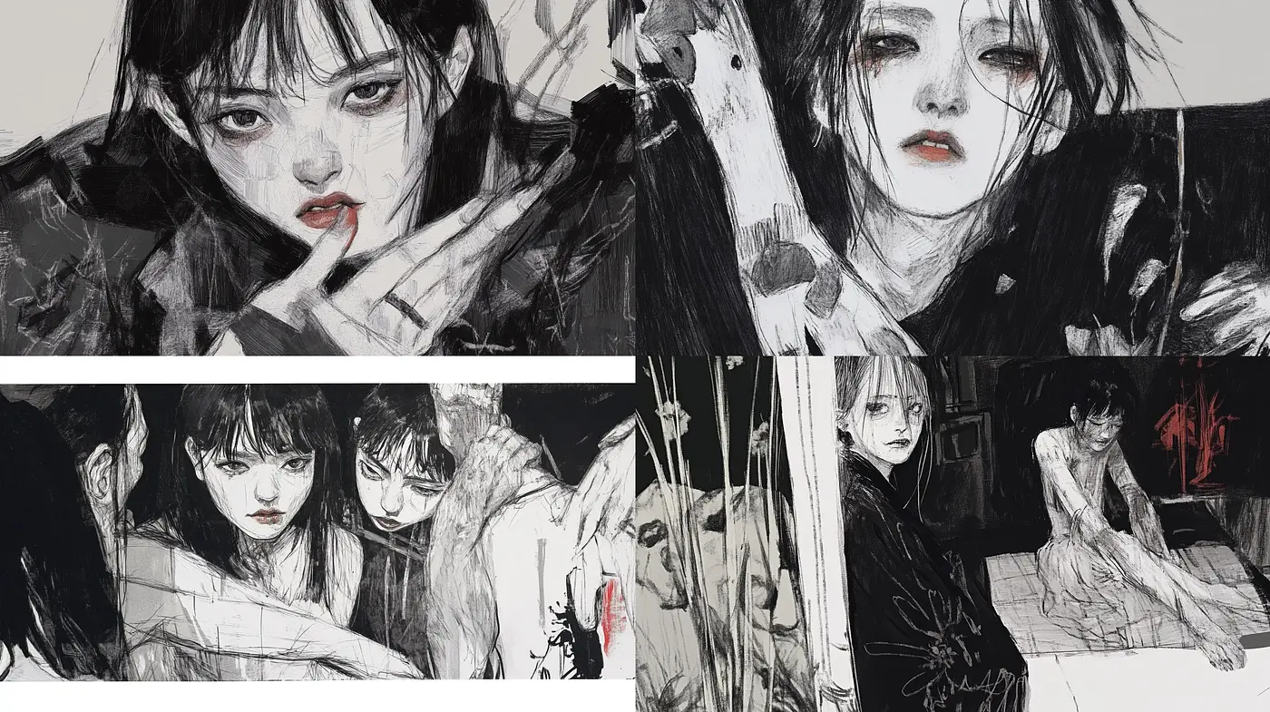 Monochromatic Melancholy: Expressive Ink-Wash Illustration Style - Midjourney sref style