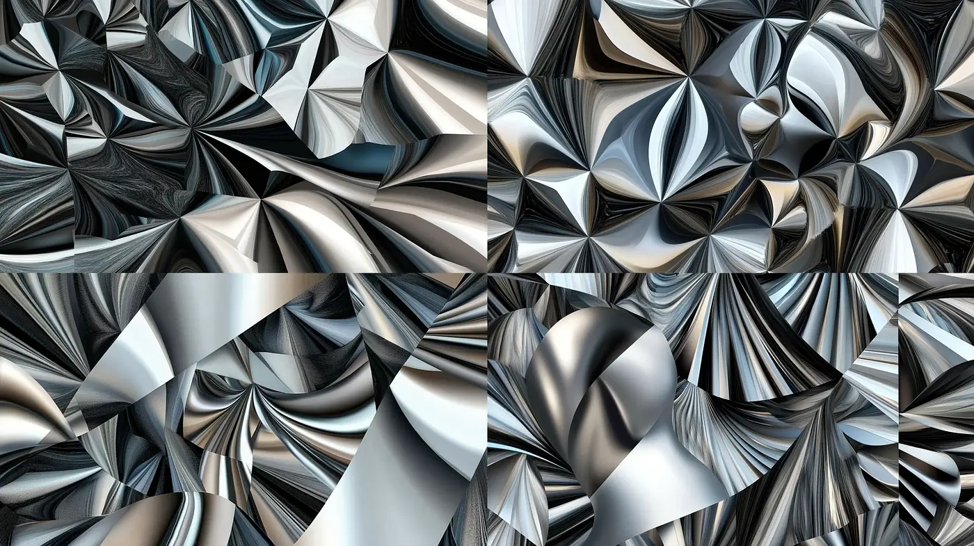 Metallic Fluidity: A Seamless Transition of Reflective Surfaces and Swirling Textures - Midjourney sref style