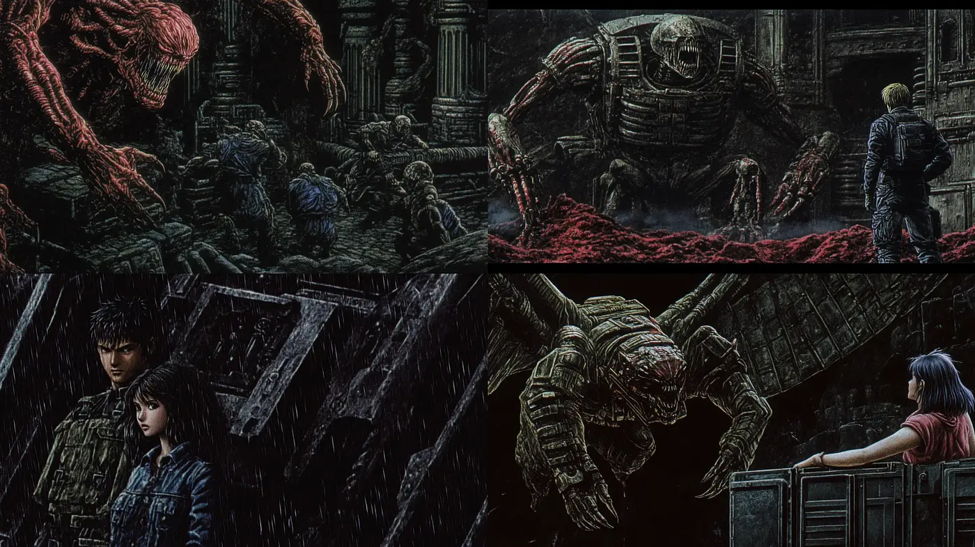 Grim Echoes of Dark Fantasy: A Fusion of Gothic and Cybernetic Artistry - Midjourney sref style