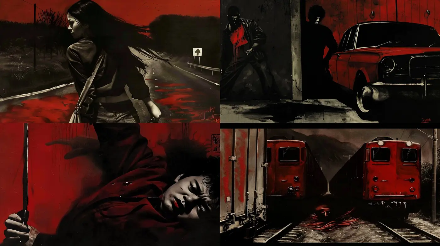 Noir-Inspired Monochromatic Red Eclipses: A Fusion of Suspense and Vintage - Midjourney sref style