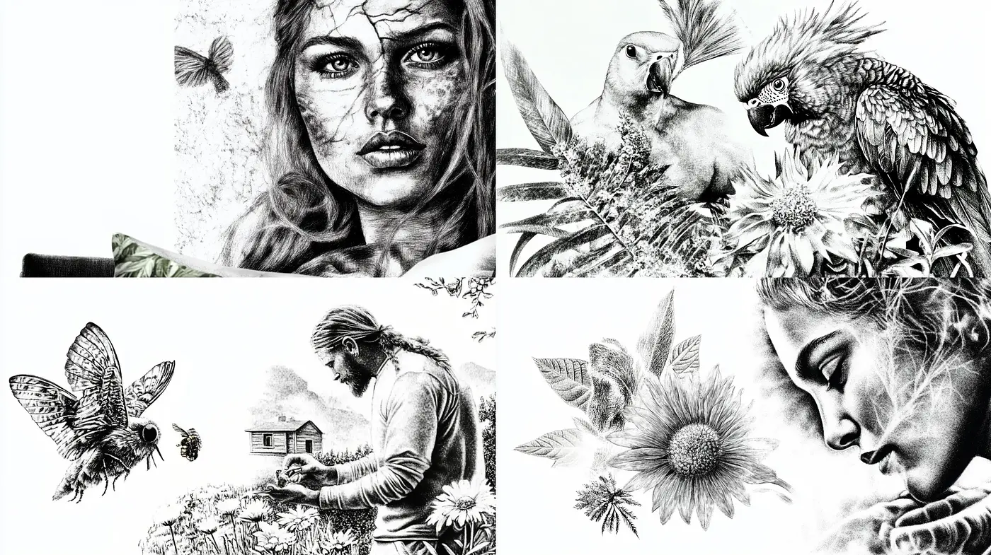 Monochromatic Essence of Nature and Humanity - Midjourney sref style