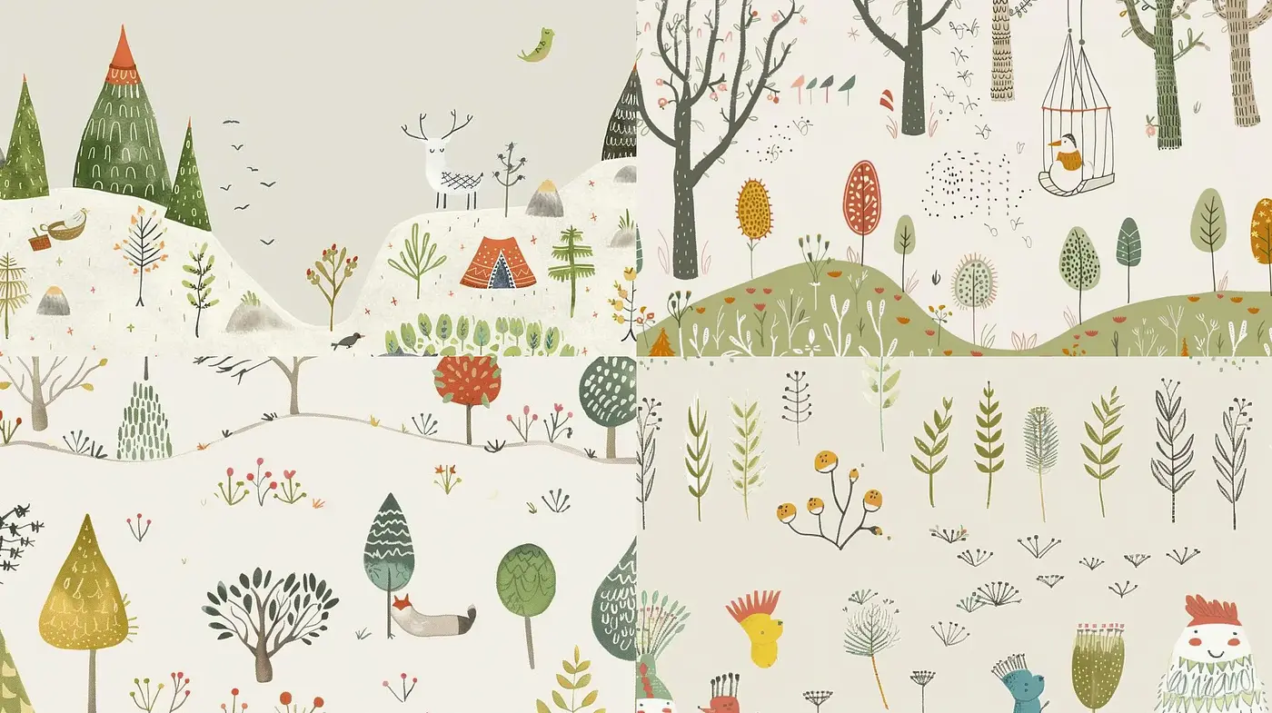 Enchanting Storybook Countryside: A Harmonious Blend of Pastel Hues and Whimsical Patterns - Midjourney sref style
