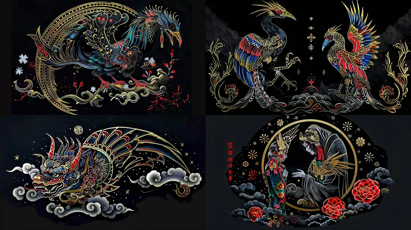 Mythical Elegance: Enigmatic Creatures in Opulent Nocturnal Symphony - Midjourney sref style
