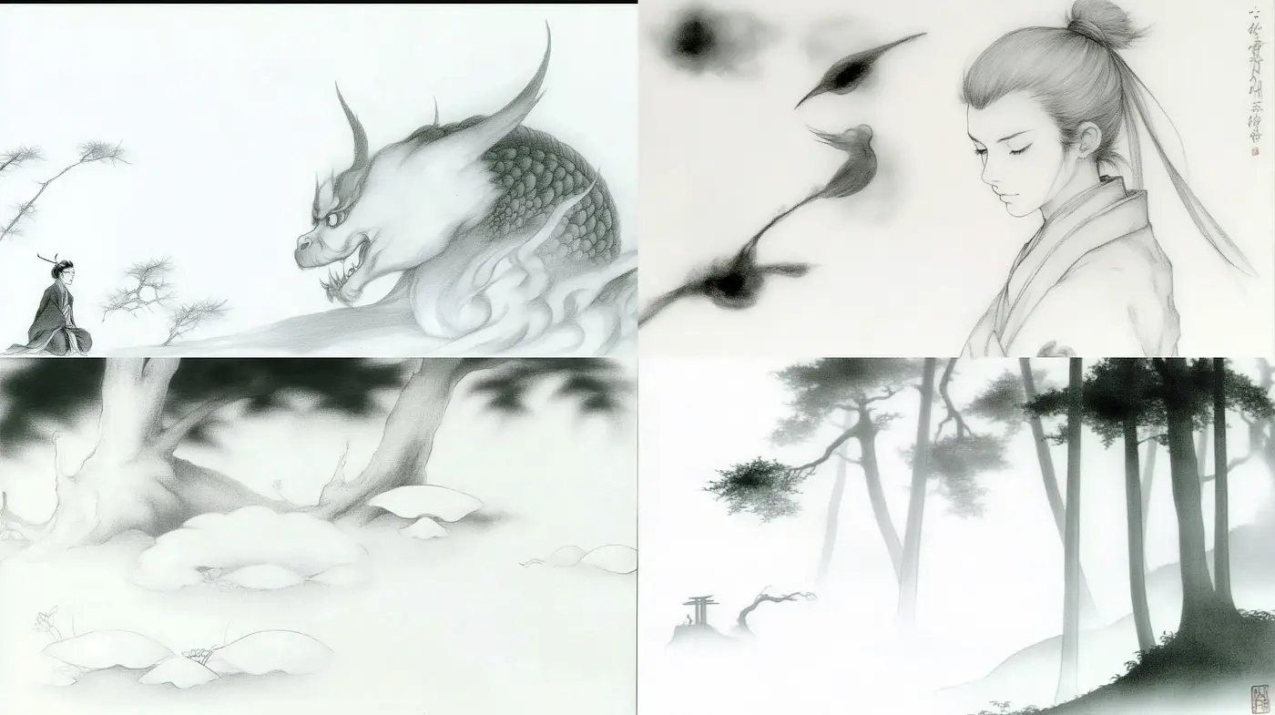 Ethereal Ink Wash Dreamscapes - Midjourney sref style