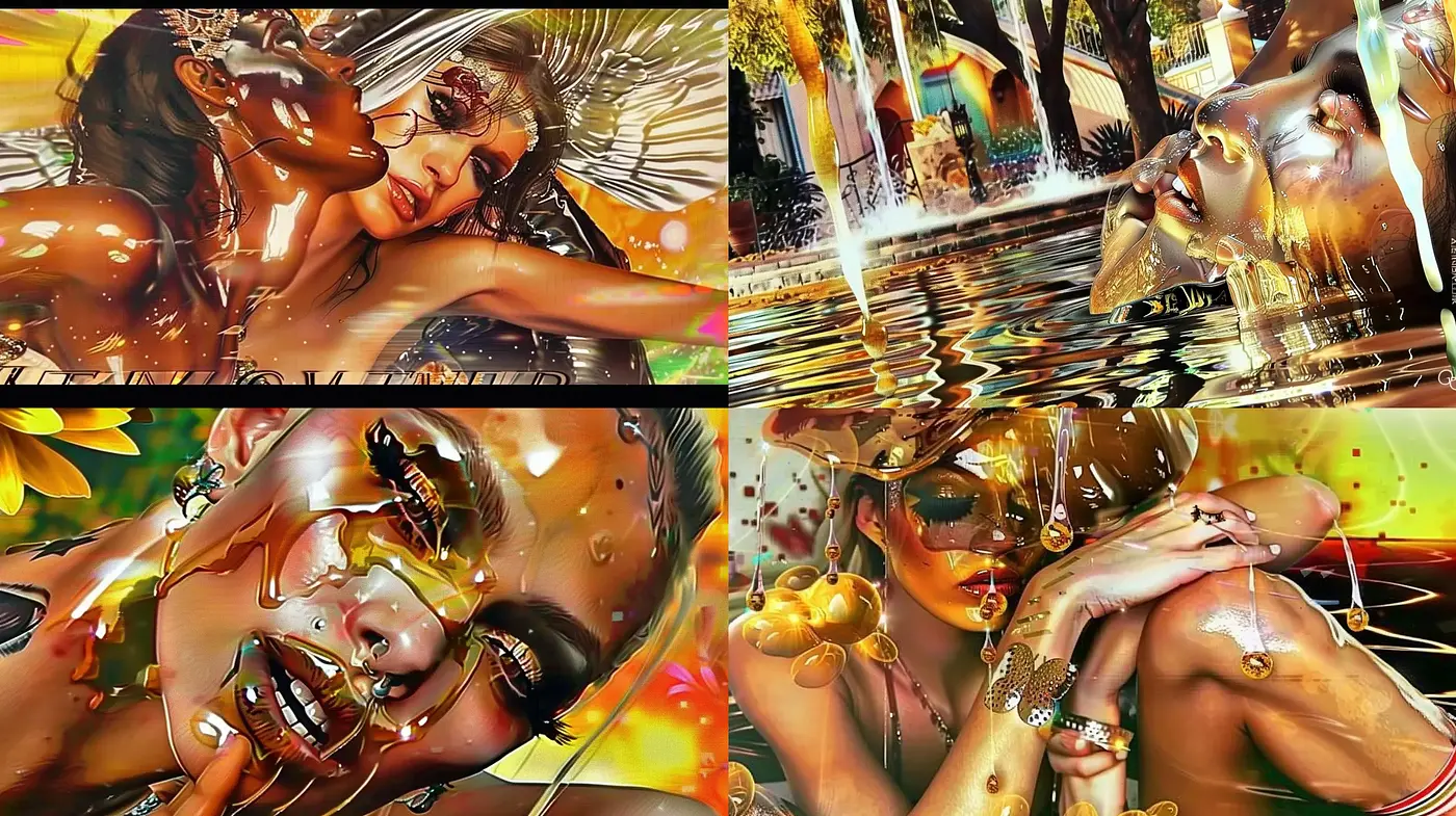 Sun-drenched Photorealistic Glimmer: A Fusion of Digital Artistry and Liquid Gold - Midjourney sref style